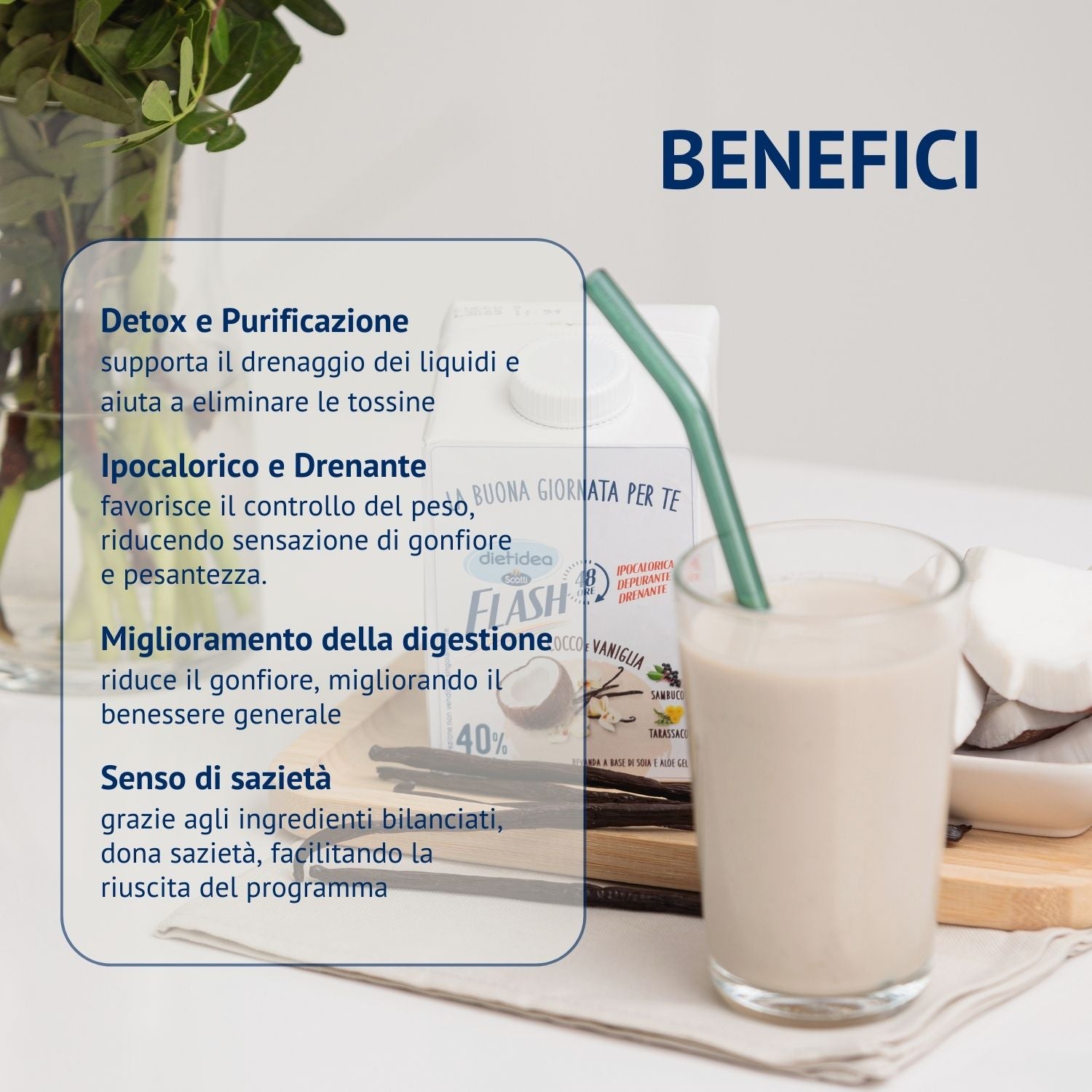 Infografica che illustra i benefici di Dietidea Flash 48h: effetto drenante, supporto per il controllo del peso, miglioramento della digestione e leggerezza generale.