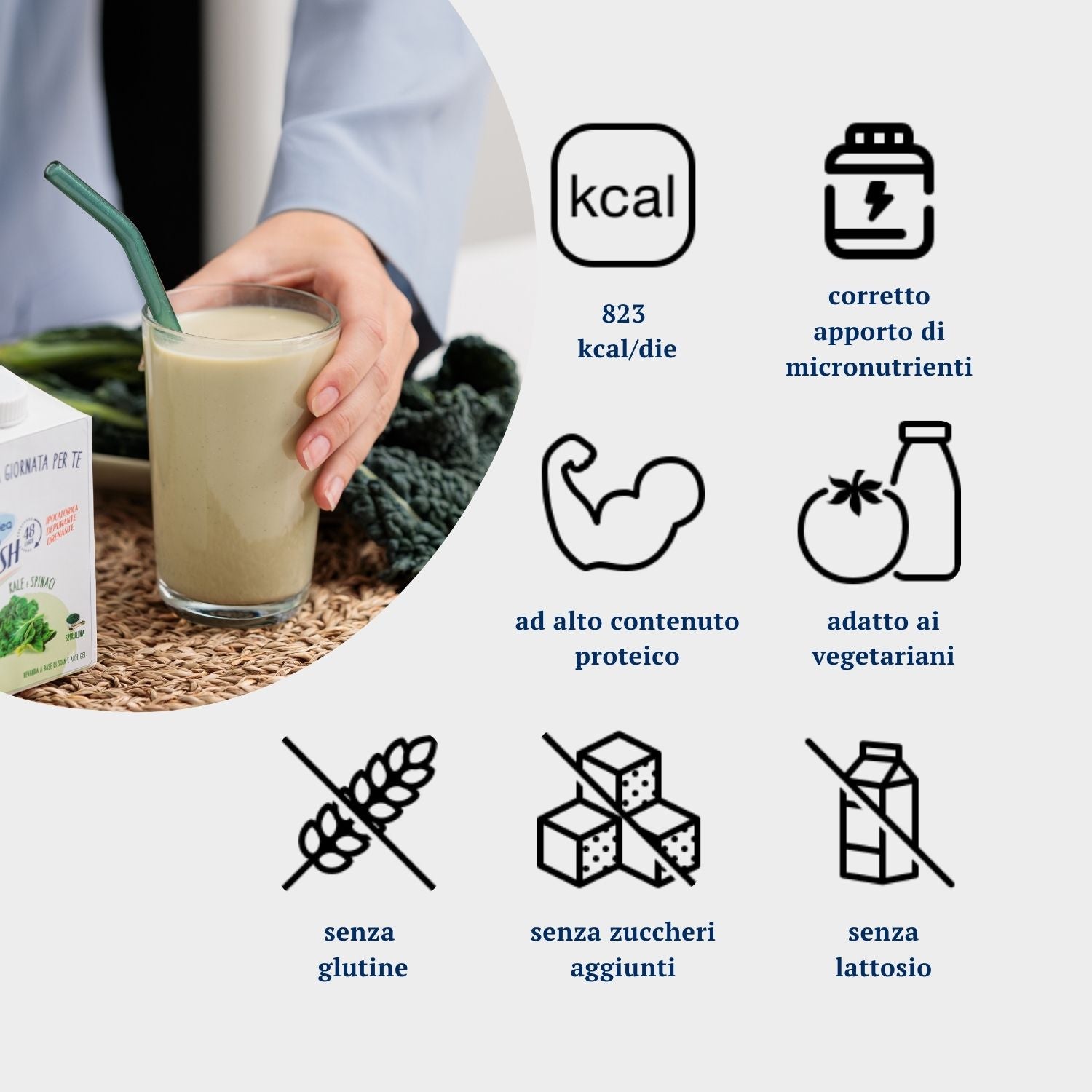 Infografica che mostra le principali caratteristiche di Dietidea Flash 48h, tra cui ipocalorica, senza glutine, senza lattosio, ad alto contenuto proteico, adatta a vegetariani, con corretto apporto di micronutrienti, senza zuccheri aggiunti.