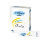 Confezione del prodotto Oroslim Dietidea Scotti da 14 bustine da 4 g, accompagnata da una singola bustina visibile in primo piano. Integratore alimentare in polvere pensato per supportare la dieta, con vitamine e minerali.