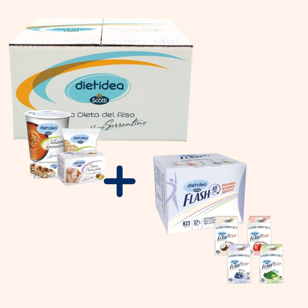 pacchetto combinato Dietidea Kit 7 giorni e Dietidea Flash 48h, un programma completo per una dieta bilanciata e un rapido effetto drenante