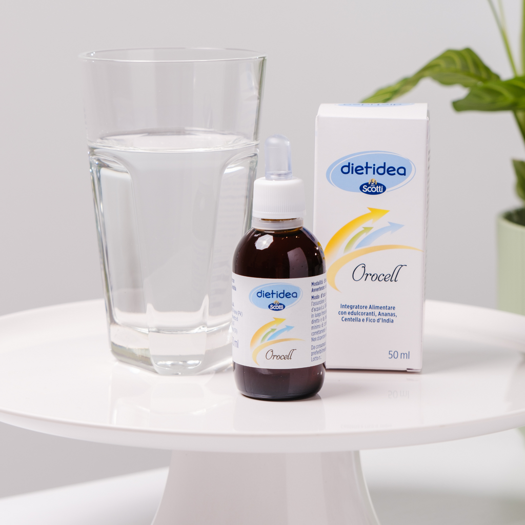 Foto di Orocell, integratore Dietidea a base di ananas, centella e fico d'India, ideato per migliorare la digestione, supportare la microcircolazione e ridurre l'aspetto della cellulite.