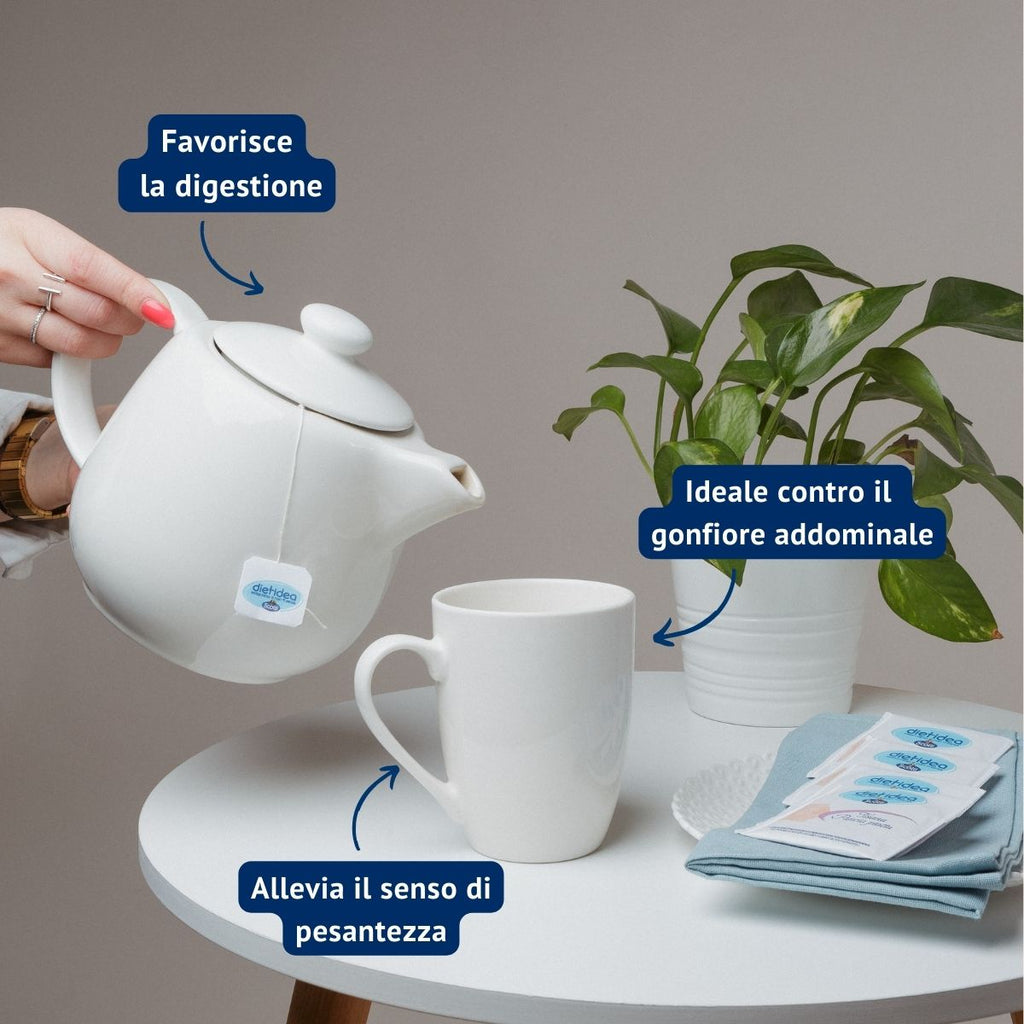 Foto della tisana Pancia Piatta, con benefici indicati: aiuta la digestione, riduce il gonfiore addominale e favorisce una sensazione di leggerezza.