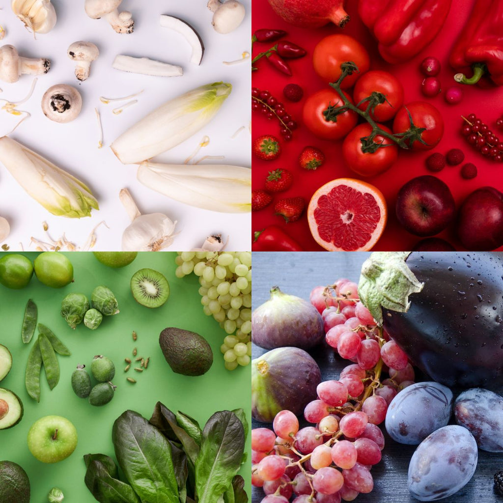 Immagine con cibi nei colori bianco, rosso, blu e verde, che richiamano le varietà cromatiche delle bevande Dietidea Flash 48h.