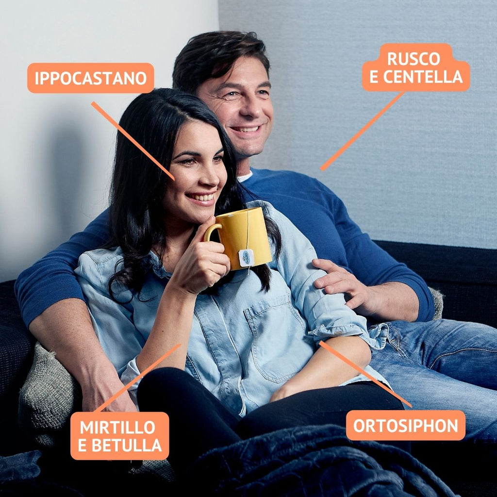 Immagine che vuole evidenziare gli ingredienti della tisana gambe snelle: ippocastano, rusco e centella, mirtillo e betulla, ortosiphon 